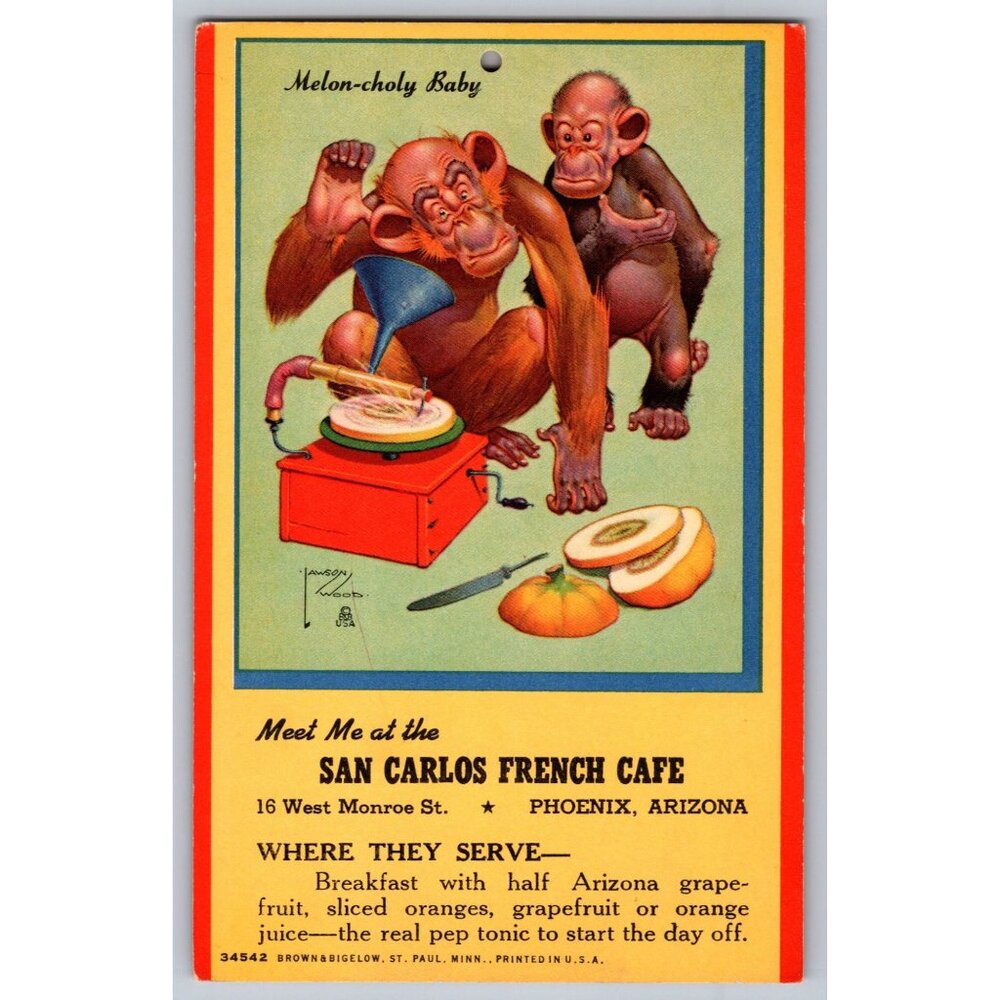 Vintage San Carlos French Cafe Postcard With Monkeys Phoenix Arizona Humor #1593